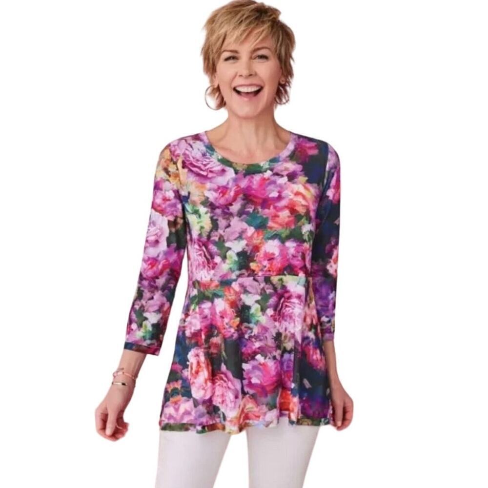 SOFT SURROUNDINGS Sz S Elysian Garden Sublimation Top Floral 3/4 Slv Tunic